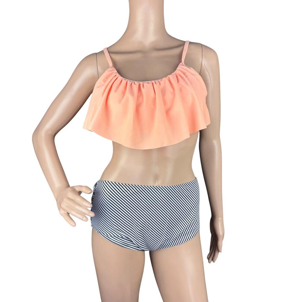 New Womens Peach Scoop Neck Spaghetti Strap Ruffled Flowy Bikini Swim Top Size L